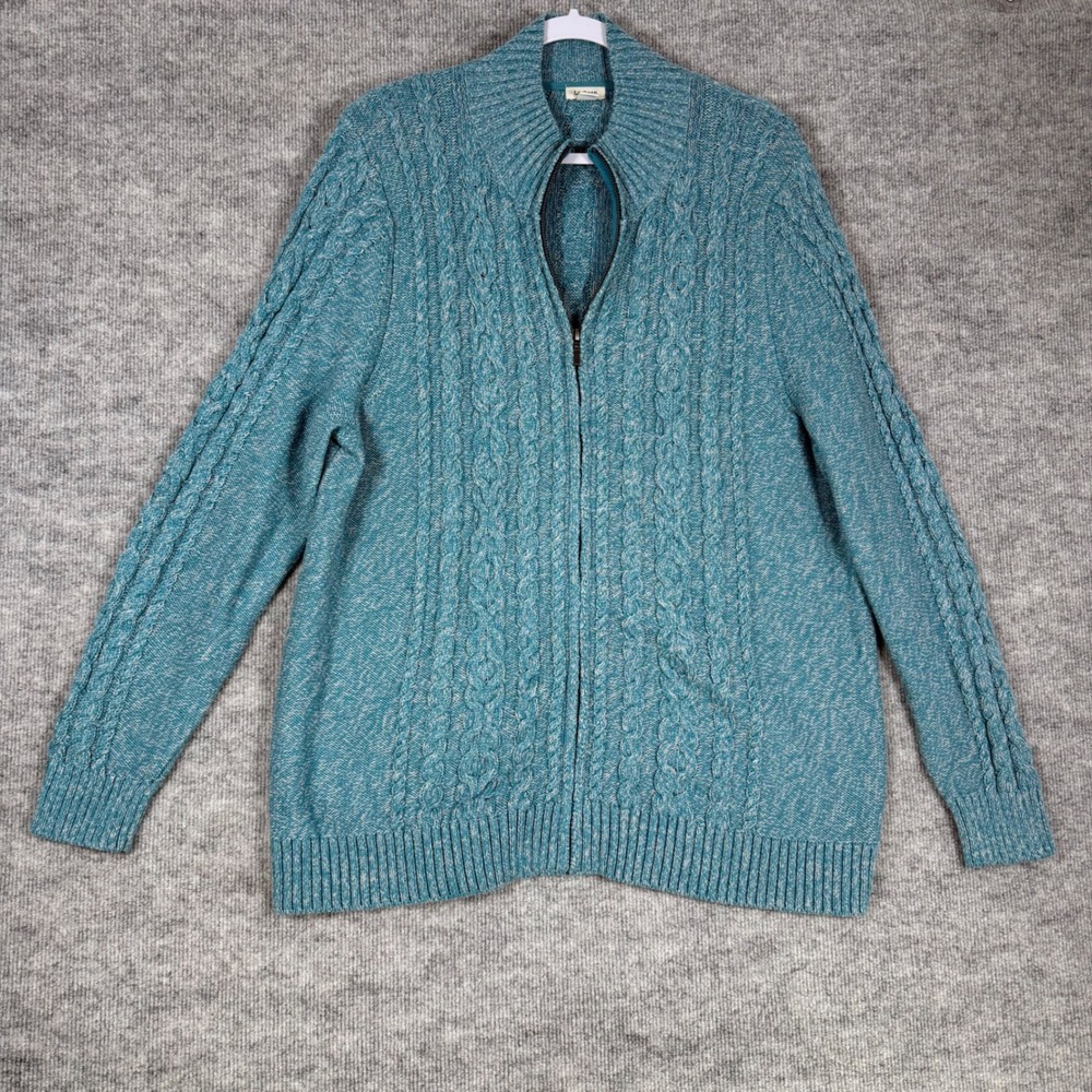 LL Bean Size-2X Womens Cardigan Sweater Teal Blue Cable Knit Full Zip Cotton